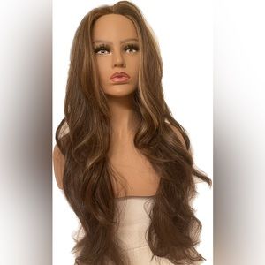 Real Human Hair highlights medium brown Lace Front wavy Wig 26 inch long.